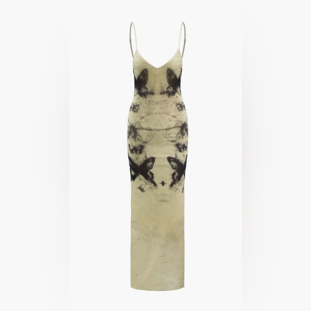 Beige Slip Dress with Black Butterfly Print